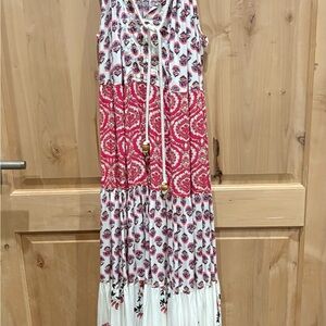 Pink and White Sleeveless Dress with Beaded Tie